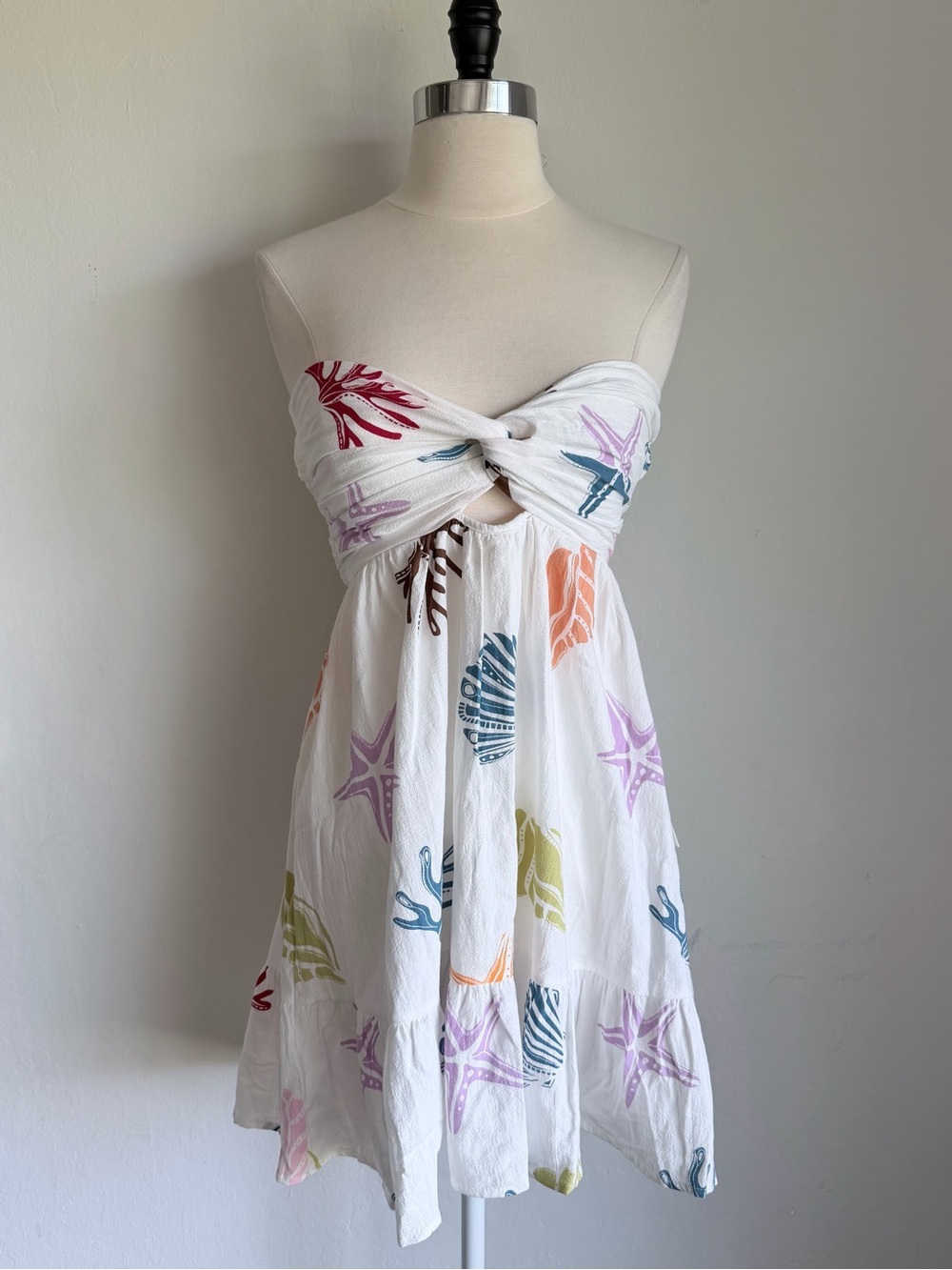 Ocean Drive White Cotton Seashell Print Strapless Knot-Front Summer Mini Dress M